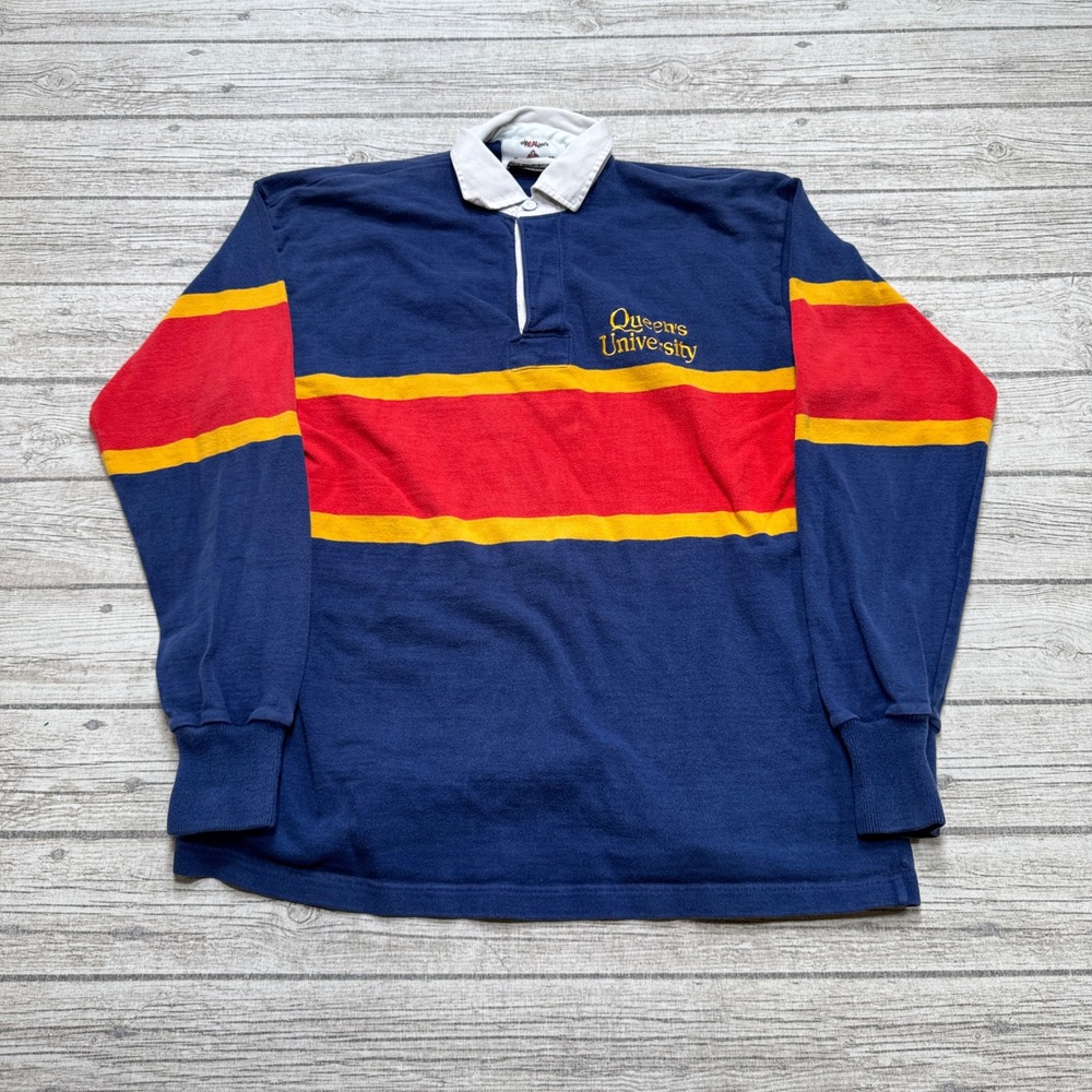 Vintage Barbarian Rugby Shirt Men's XL Blue Queen's University Pullover Canada